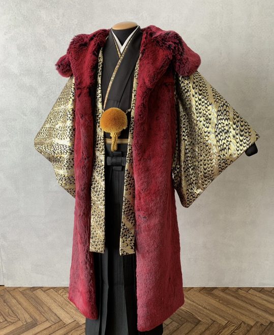 【成人式】紋付羽織袴用ロングファーコート・ローズワインレッド